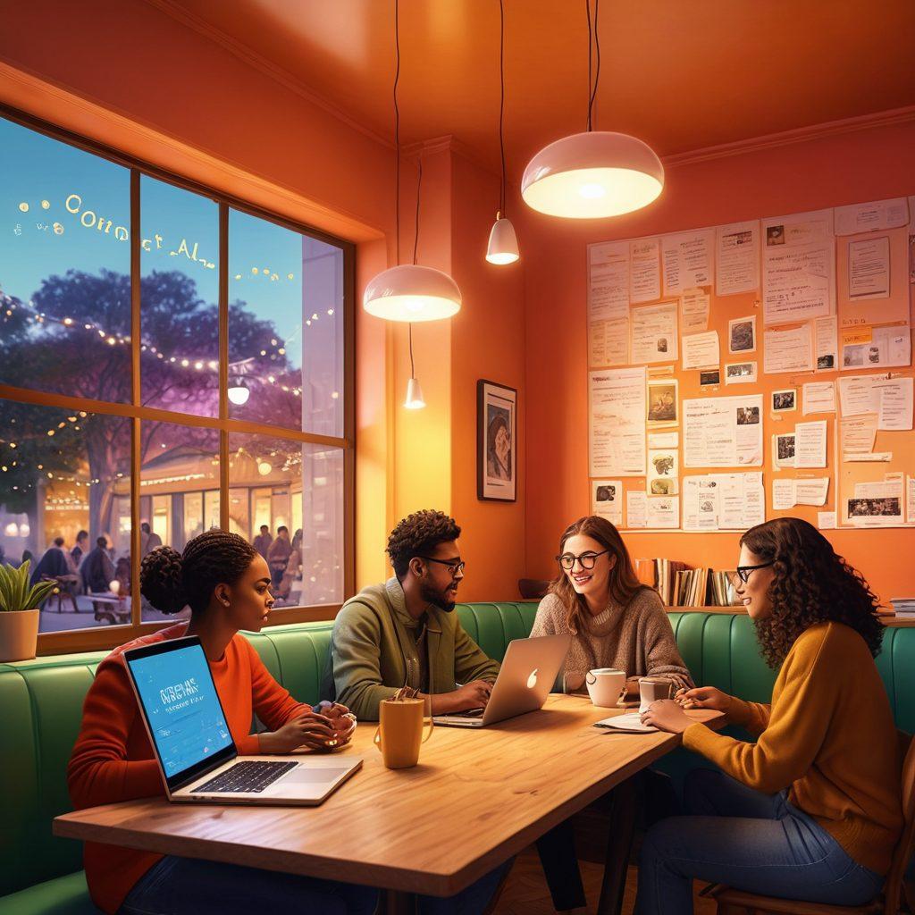 A vibrant digital illustration of a diverse group of writers gathered in a cozy, modern café, passionately sharing stories and ideas. Include floating text bubbles with snippets of their narratives, and a glowing laptop screen displaying a captivating online community. Incorporate warm lighting and a wall covered in inspirational quotes. super-realistic. vibrant colors. cozy atmosphere.