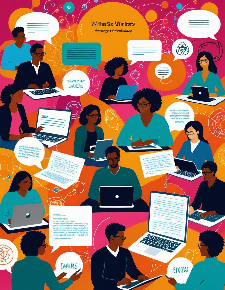 A dynamic digital collage representing a vibrant online writers community, featuring diverse writers of different backgrounds engaging enthusiastically over laptops and notebooks, surrounded by floating text bubbles and creative icons symbolizing storytelling and ideas, all set against a backdrop of an interconnected web of communication. vibrant colors. modern illustration. high detail.