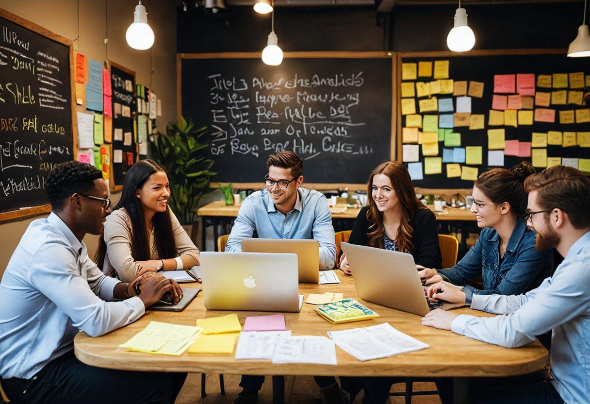 A diverse group of people gathered in a cozy café, sharing ideas and content on laptops and tablets, with colorful sticky notes surrounding them. In the background, a large chalkboard displays collaborative projects and brainstormed concepts. The atmosphere is friendly and vibrant, symbolizing community and creativity. super-realistic. vibrant colors. warm lighting.